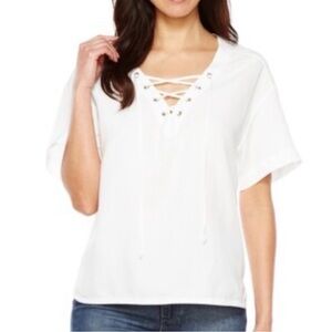 DKNY White Linen Oversized Lace-up V-neck Top